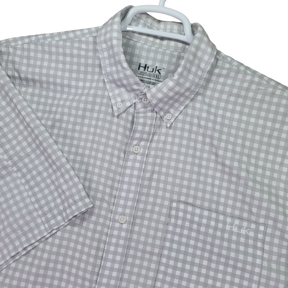Huk Button Down Shirt Mens XXL Grey Gingham Plaid Fishing Vented H1500086